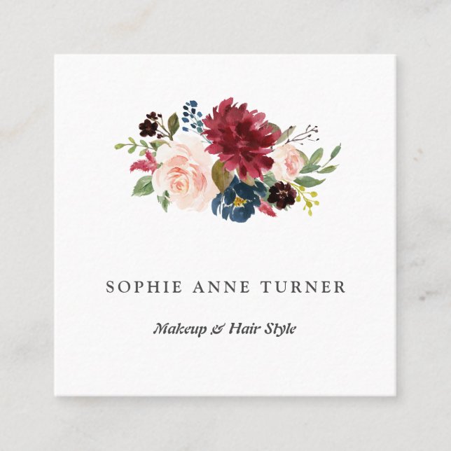 Trendy Burgundy Flowers Professional Beauty Salon Square Business Card (Front)