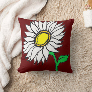 Trendy Burgundy Red Daisy Sunflower Yellow White Cushion