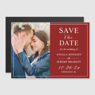 Trendy Burgundy Red Photo Save the Date Magnet