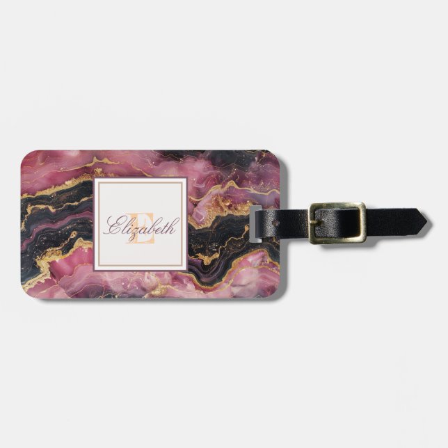 Trendy Burgundy Stone Marble Texture, Monogram Luggage Tag (Front Horizontal)