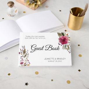 Trendy Burgundy Watercolor Flowers Wedding Guest Book