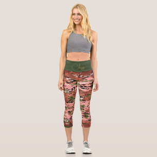 Trendy Burnt Amber Green Camo Personalised Capri Leggings