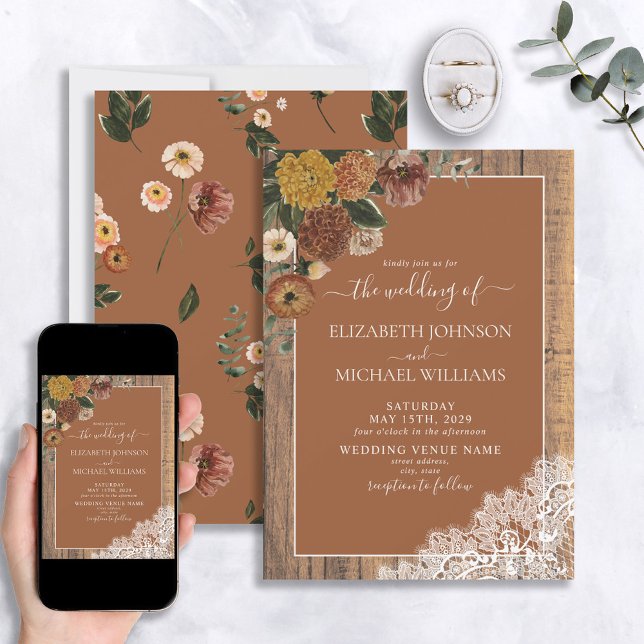 Trendy Burnt Orange Rustic Wood Script Wedding Invitation (Creator Uploaded)