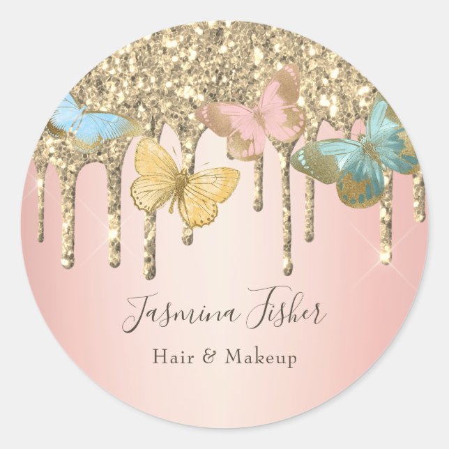 Trendy Butterfly Glitter Drip Girly Hair Makeup Classic Round Sticker (Front)