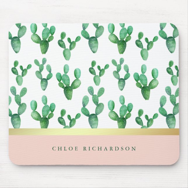 Trendy Cactus | Blush and Faux Gold Desert Pattern Mouse Mat (Front)