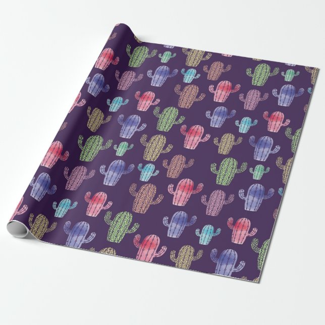 Trendy cactus watercolor drawing seamless pattern  wrapping paper (Unrolled)