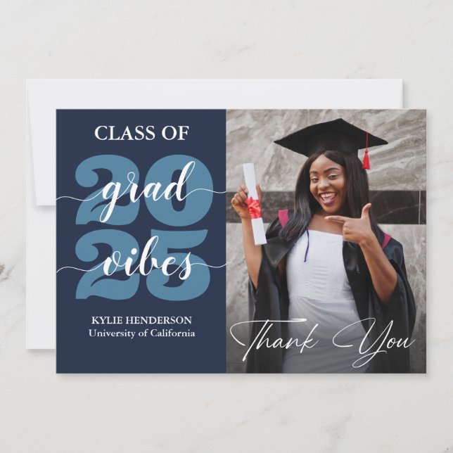 Trendy Calligraphy Dark Blue Photo Graduation Thank You Card (Front)