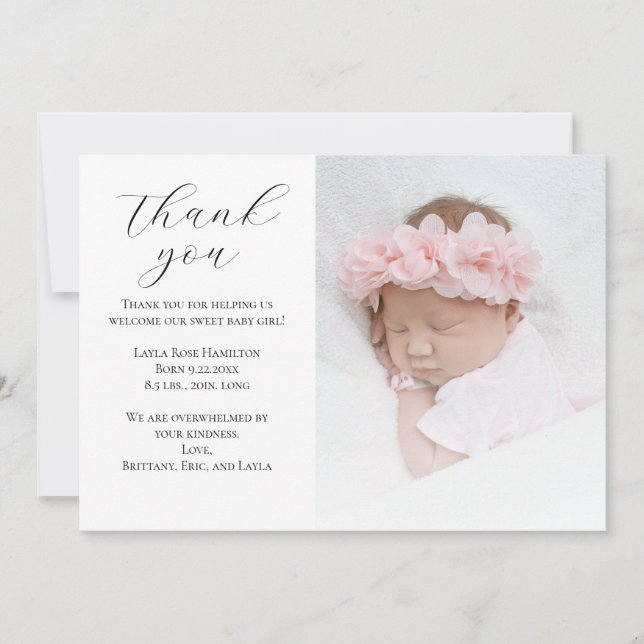 Trendy Calligraphy Photo Baby Shower Thank You Card (Front)