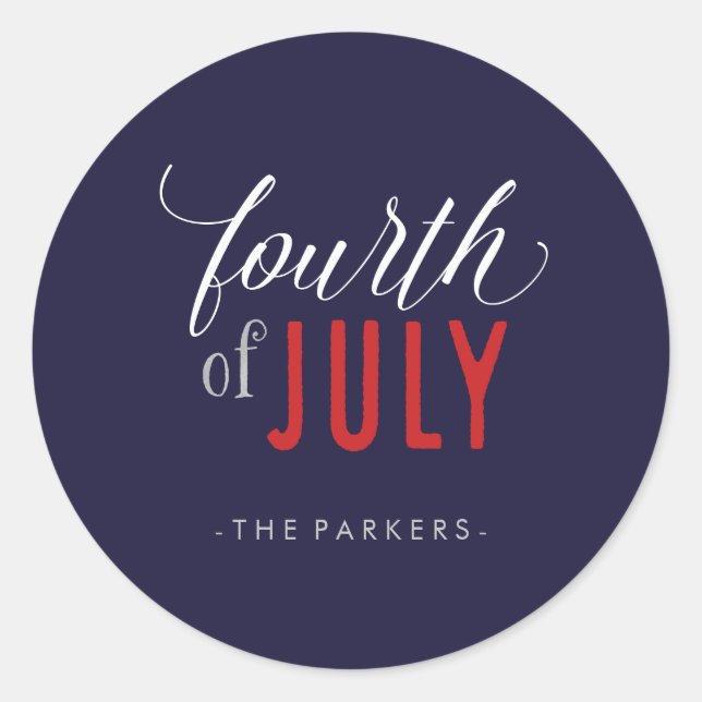 Trendy Calligraphy Red White and Blue 4th of July Classic Round Sticker (Front)