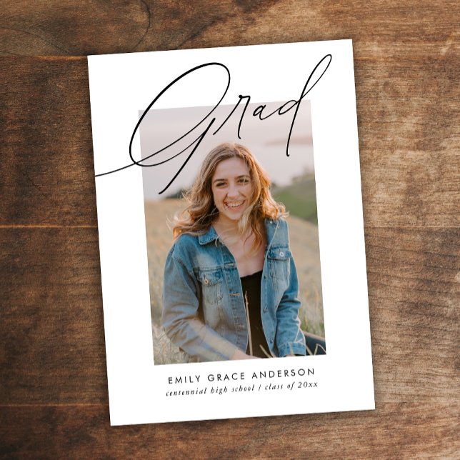 Trendy Calligraphy Three Photo Budget Graduation Invitation (Creator Uploaded)