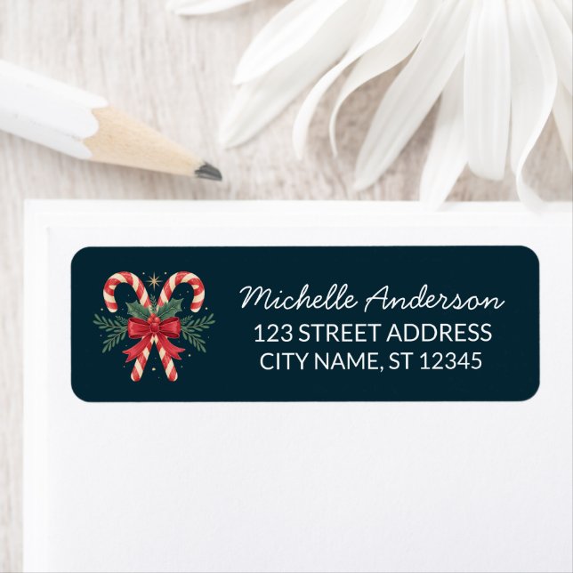 Trendy Candy cane with Holly leaves Return Address (Insitu)