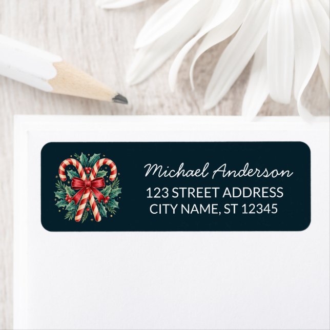 Trendy Candy cane with Holly leaves Return Address (Insitu)