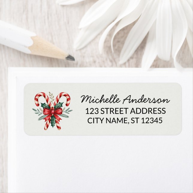 Trendy Candy cane with Holly leaves Return Address (Insitu)