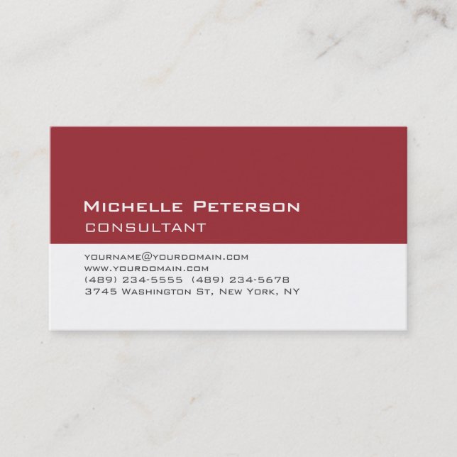 Trendy Carmine Red White Consultant Business Card (Front)