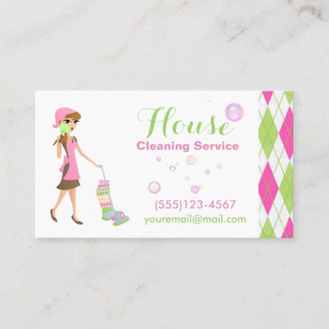 Trendy Cartoon Maid House Cleaning Services Business Card (Front)