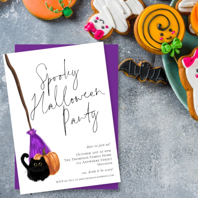 Trendy Cat Broomstick Spooky Halloween Party Invitation (Creator Uploaded)