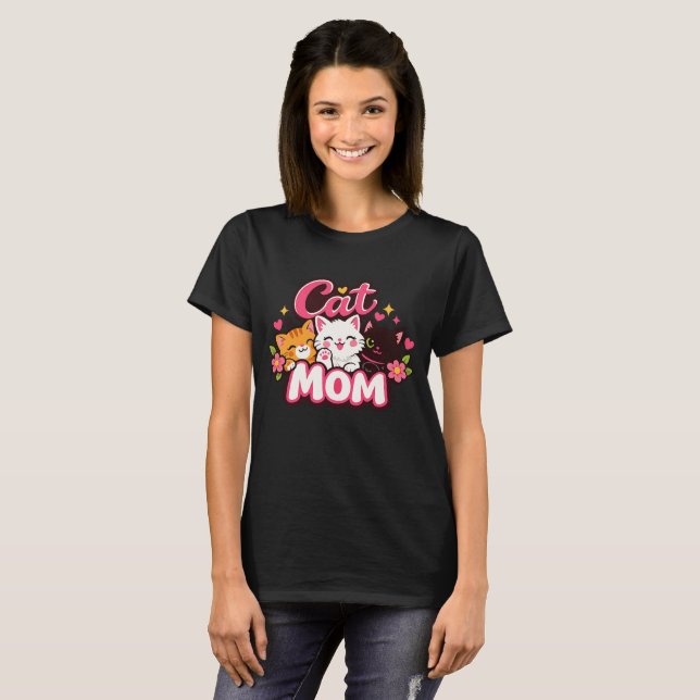 Trendy Cat Mom T-Shirt | Cute Colorful Cats Shirt  (Front Full)