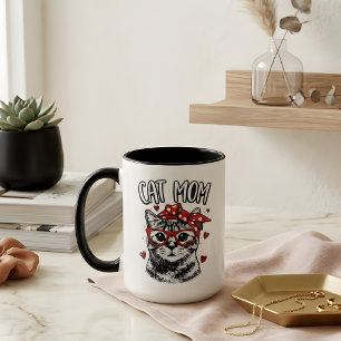 Trendy Cat Mom with Glasses & Bandana White Coffee Mug