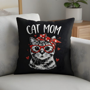 Trendy Cat Mum with Glasses & Bandanna Black Cushion