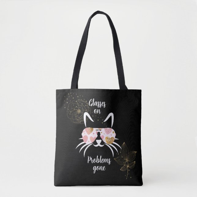 Trendy cat wearing glasses on black background tote bag (Front)