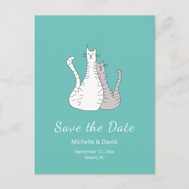 Trendy Cats Drawing Wedding Save the Date Teal  Announcement Postcard (Front)