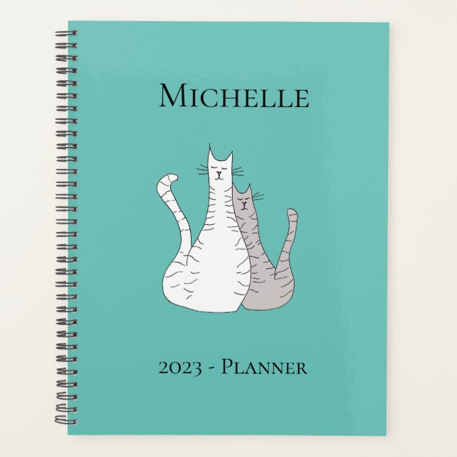 Trendy Cats Personalised Teal Green Planner (Front)