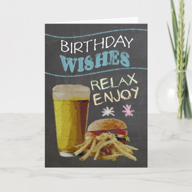 Trendy Chalk Board Effect, With Beer, Burger Card (Front)