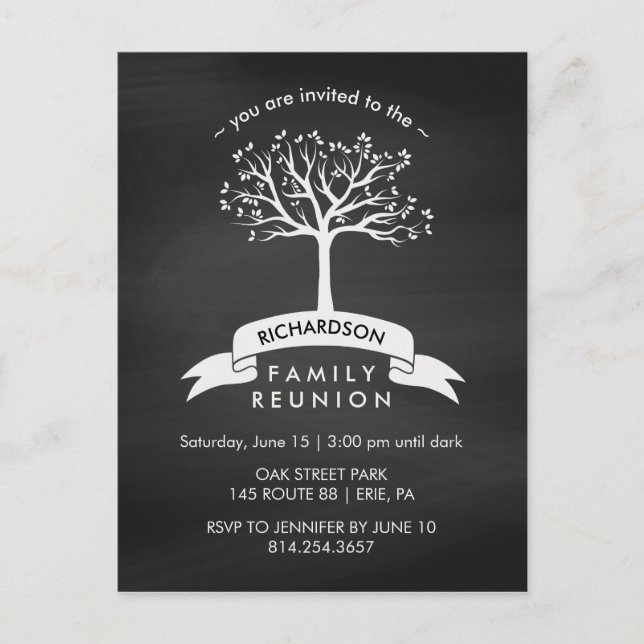 Trendy Chalkboard Family Reunion with Tree Invitation Postcard (Front)