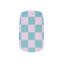 Trendy chequerboard nail design in teal and pink