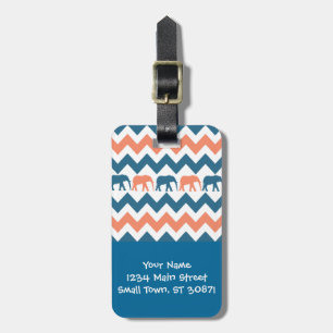 Trendy Chevron Elephants Coral Blue Stripe Pattern Luggage Tag