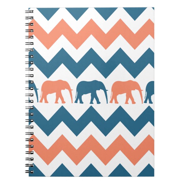 Trendy Chevron Elephants Coral Blue Stripe Pattern Notebook (Front)