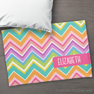 Trendy Chevron Pattern large name block pink green Pillowcase