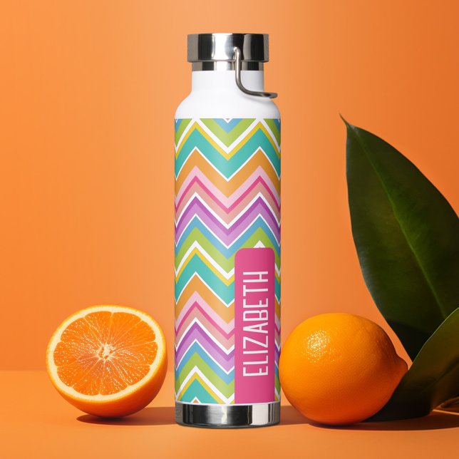 Trendy Chevron Pattern large name block pink green Water Bottle (Personalized water bottle with custom text - chevrons)