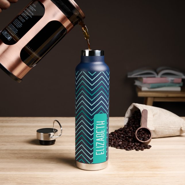 Trendy Chevron Pattern large name block teal green Water Bottle (Coffee)