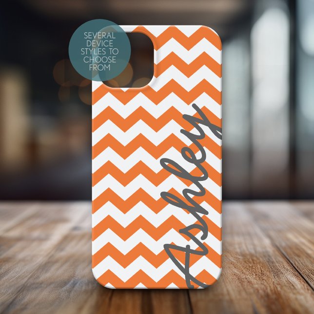 Trendy Chevron Pattern with name - orange grey Case-Mate iPhone Case (Personalized Phone Case with Chevrons and Custom Name)