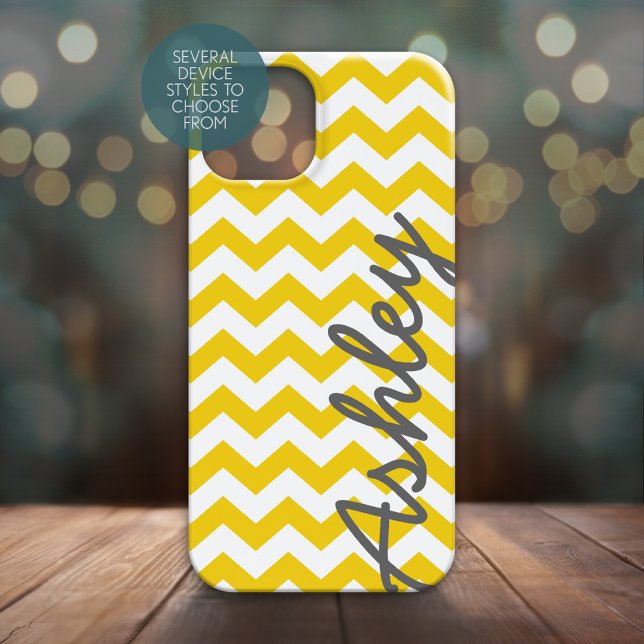 Trendy Chevron Pattern with name - yellow grey (Personalized Phone Case with Yellow Chevrons and Large Script Name on the Side)