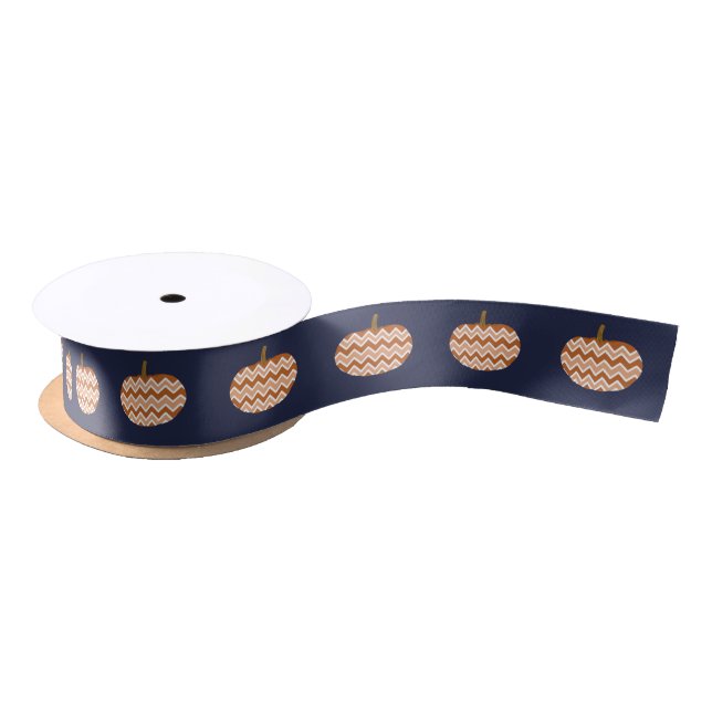 Trendy Chevron Pumpkins & Navy Satin Ribbon (Spool)