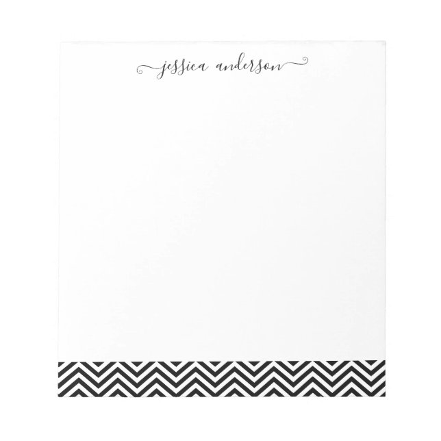 Trendy Chevron Zigzag Girly Script Modern Black Notepad (Front)