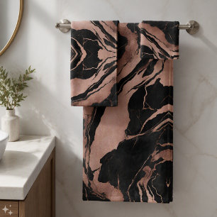 Trendy Chic Black Rose Gold Marble Bath Towel Set