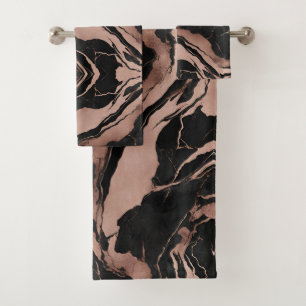 Trendy Chic Black Rose Gold Marble Bath Towel Set