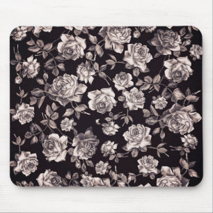 Trendy Chic Black & White Vintage Elegant Floral Mouse Mat