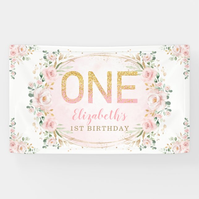 Trendy Chic Blush Gold Pink Floral 1st Birthday Banner (Horizontal)