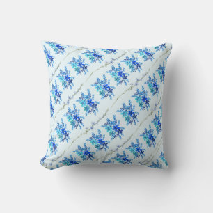 Trendy Chic Botanical Blue Watercolor Flowers Cushion