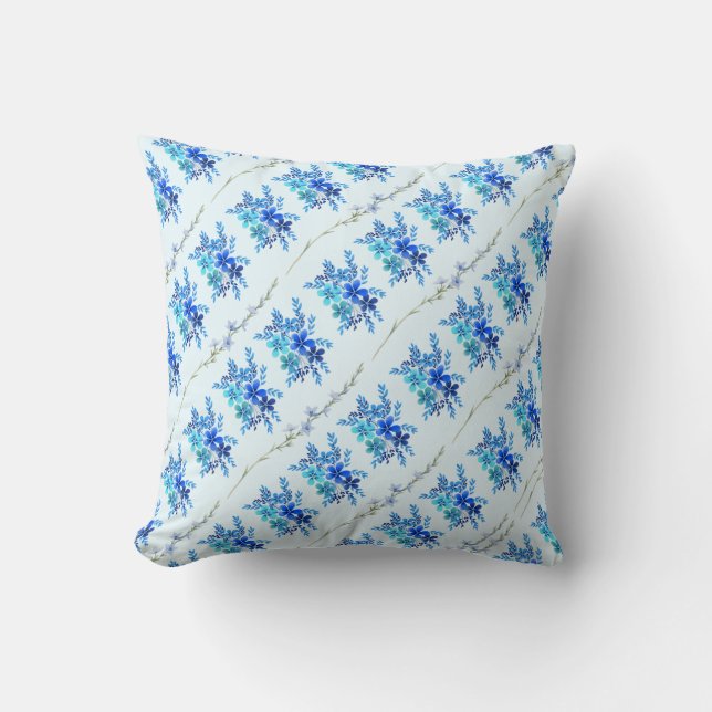 Trendy Chic Botanical Blue Watercolor Flowers Cushion (Front)