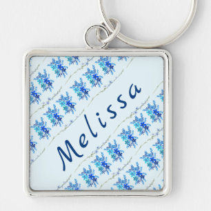 Trendy Chic Botanical Blue Watercolor Flowers Key Ring