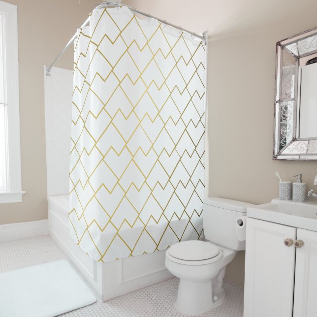 Trendy Chic Geometric Golden Tiles Pattern Shower Curtain (In Situ)