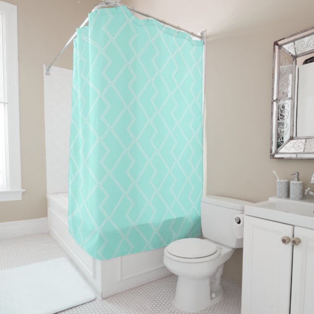 Trendy Chic Geometric Turquoise White Tiles Shower Curtain (In Situ)