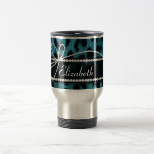 trendy chic girly faux blue black leopard fur travel mug