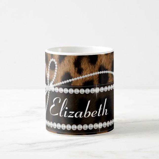 Trendy chic girly faux brown black leopard animal coffee mug (Center)