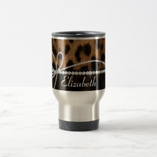 Trendy chic girly faux brown black leopard animal travel mug